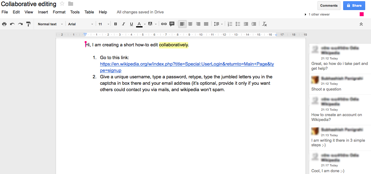 Example of collaborative online document editing